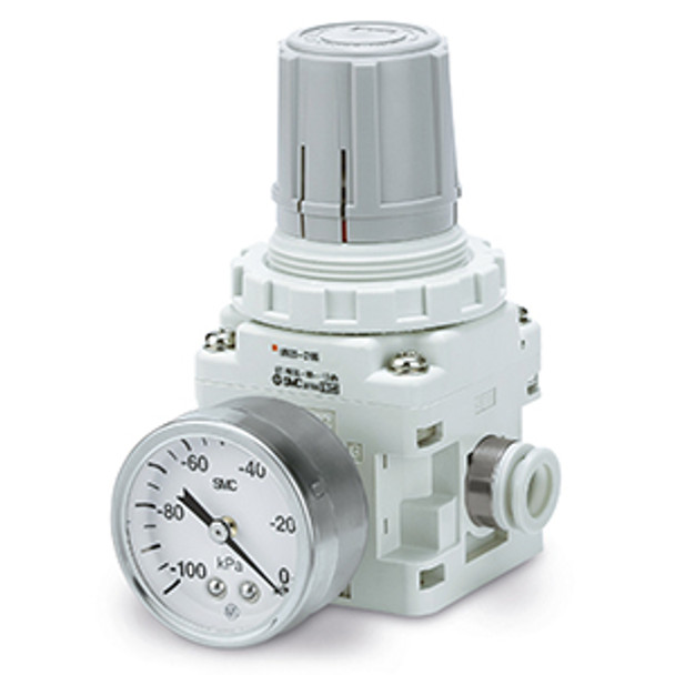 <h2>IRV10/20, Vacuum Regulator</h2><p><h3>The IRV series vacuum regulator is a more compact size and has an expanded range. Thread sizes available include Rc(PT), NPT and G(PF).  The new and improved IRV10/20 series offers single sided connections for ease of installation and panel mounting. Built-in one-touch fittings include 6, 8, and 10mm and also 1/4 , 5/16 , and 3/8  for both fitting types elbow or straight. </h3>- Single sided connections series<br>- Mass reduced by 20%<br>- Max. flow 140  L/min (ANR) and 240 L/min (ANR)<br>- Integrated digital pressure switch for panel mounting<br>- Built-in one-touch fittings<p><a href="https://content2.smcetech.com/pdf/IRV10_20.pdf" target="_blank">Series Catalog</a>