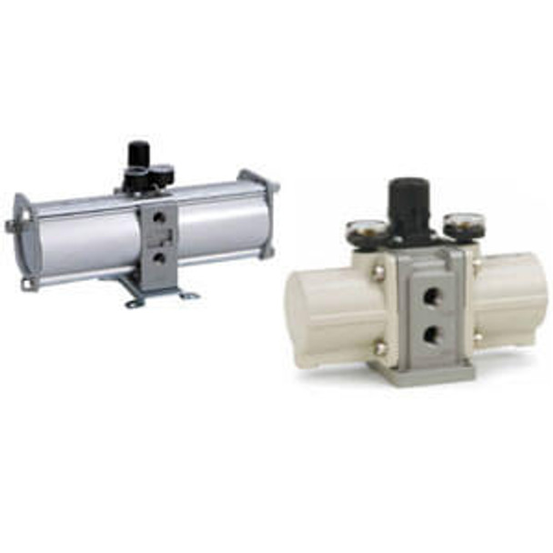 <h2>VBA**A, Booster Regulator</h2><p><h3>The specialty regulator series VBA is a booster regulator that saves money and energy by increasing the main line pressure up to two times. The booster regulator, when connected to air supply line, increases pressure up to two times and the main air supply pressure may be set low. Desired pressure increase can be easily adjusted.</h3>- Boosts local line pressure without requiring additional power<br>- 2 to 4 times increase in pressure<br>- Easy adjustment of output pressure<br>- Improved performance over previous designs<br>- <p><a href="https://content2.smcetech.com/pdf/VBAT.pdf" target="_blank">Series Catalog</a>