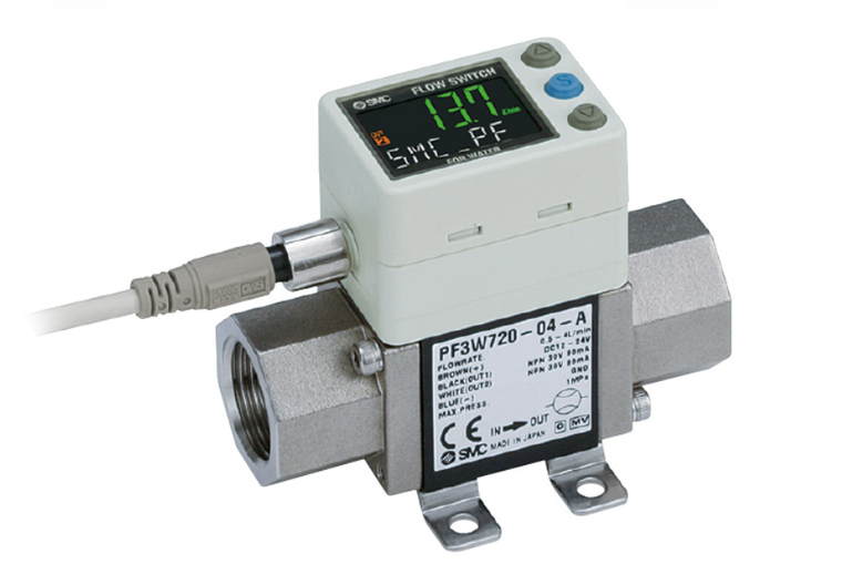 SMC PF3W704S-N03-AT-G Digital Flow Switch for Water with Flow Adjustment Valve, 0.5–4 L/min, 3/8" NPT, Dual NPN, Temperature Sensor, gal/min Display, IP65