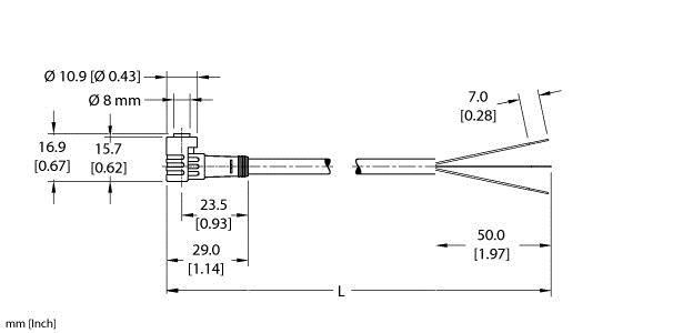 Turck Pkw 3Z-P7X2-8/S90 Single-ended Cordset, Right angle Female Connector