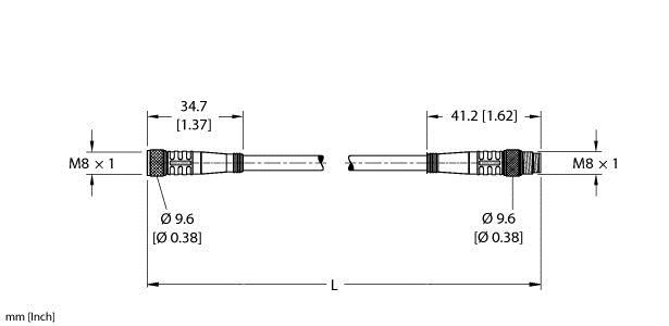 Turck Pkg 4M-2.4-Psg 4M/S90 Double-ended Cordset, Straight Female Connector to Straight Male Connector