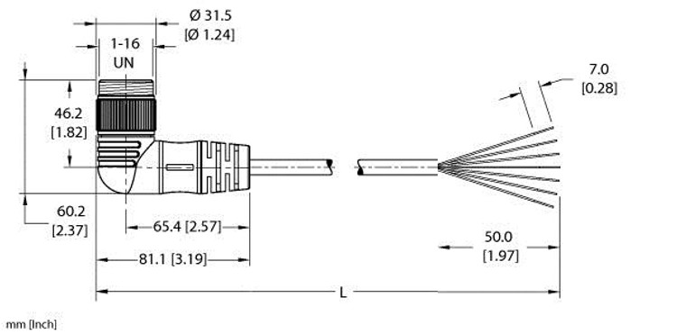 Turck Wsm 76-3M Single-ended Cordset, Right angle Male Connector