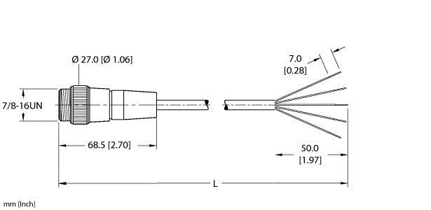 Turck Rsm 56D-3M Single-ended Cordset, Straight Male Connector