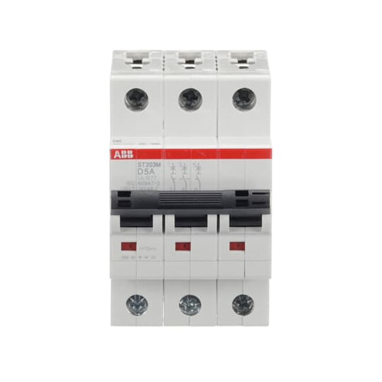 ABB ST203M-D5 3-Pole Miniature Circuit Breaker, 5A, D-Curve, UL1077 Compliant  High Inrush Current Tolerance for Reliable Electrical Protection