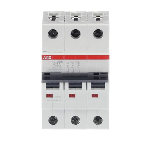 ABB ST203M-K2 3-Pole 2A Miniature Circuit Breaker with K-Characteristic Curve - UL1077 Compliant for Reliable Electrical Protection