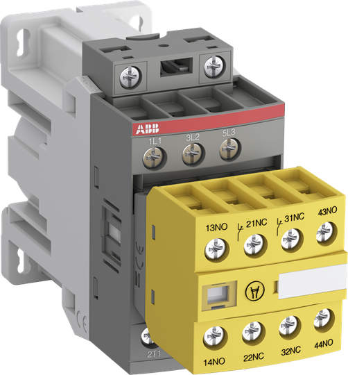 ABB AFS09Z-30-22-30 3-Pole Contactor with Auxiliary Contact Blocks, 24V DC, Yellow Housing  Ideal for Machine Safety Applications, Compliant with EN ISO 13849 and EN 62061 Standards