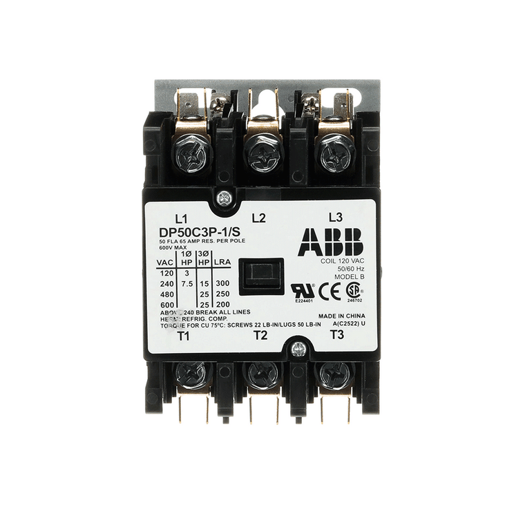 ABB DP50C3P-1/S 50A 3-Pole Definite Purpose Contactor with 120V Coil and SEMS Screws for Industrial Applications