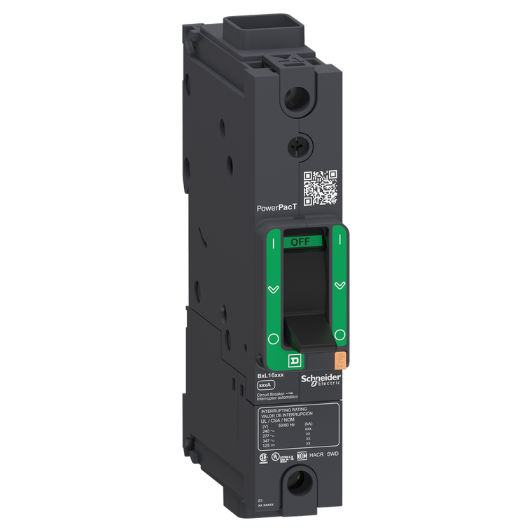 Schneider Electric BDF16100 Circuit breaker, PowerPacT B, 100A, 1 pole, 600Y/347VAC, 14kA, terminal nut, thermal magnetic, 80%