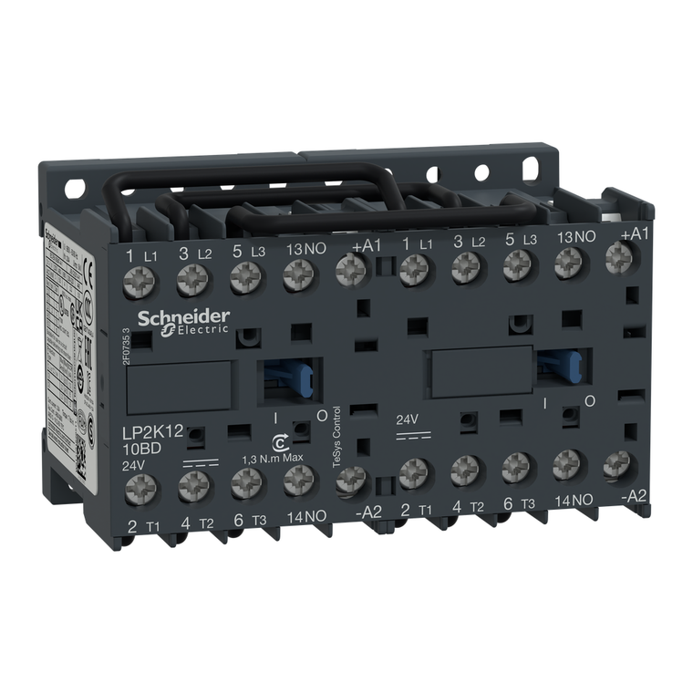 Schneider Electric LP2K1210BD Reversing contactor, TeSys K, 3P, AC-3, lt or eq to 440V 12 A, 1 NO, 24VDC coil