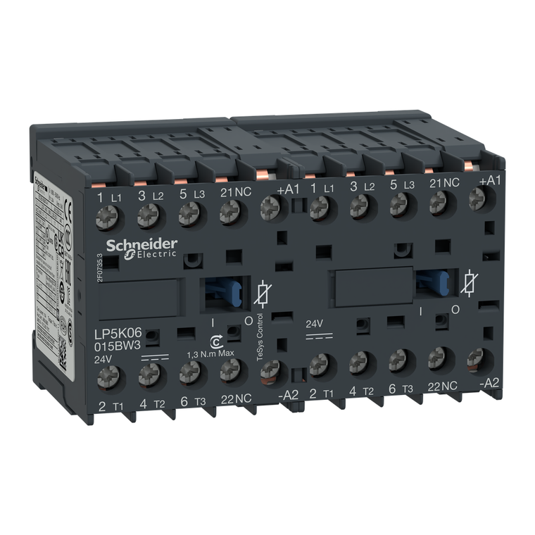 Schneider Electric LP5K12015BW3 Reversing contactor, TeSys K, 3P, AC-3, lt or eq to 440V 12 A, 1 NC, 24VDC coil