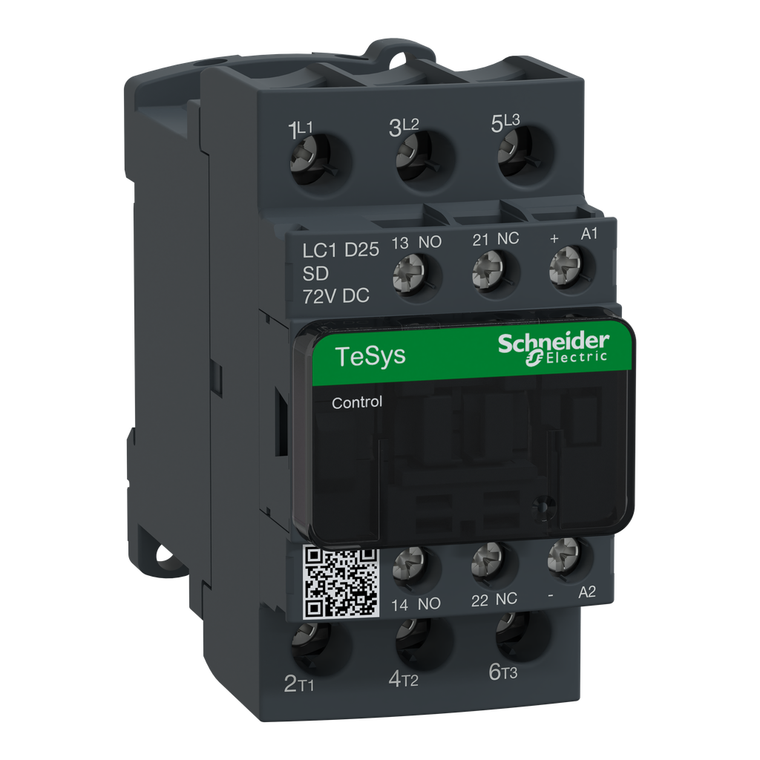 Schneider Electric LC1D25SD IEC contactor, TeSys Deca, nonreversing, 25A, 15HP at 480VAC, up to 100kA SCCR, 3 phase, 3 NO, 72VDC coil, open style