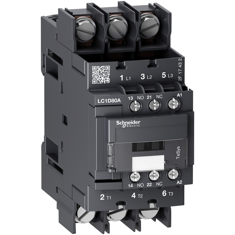 Schneider Electric LC1D80A6LE7 IEC contactor, TeSys Deca, nonreversing, 80A, 40HP at 480VAC, 3 phase, 3 pole, 3 NO, 208VAC 50/60Hz coil, open style