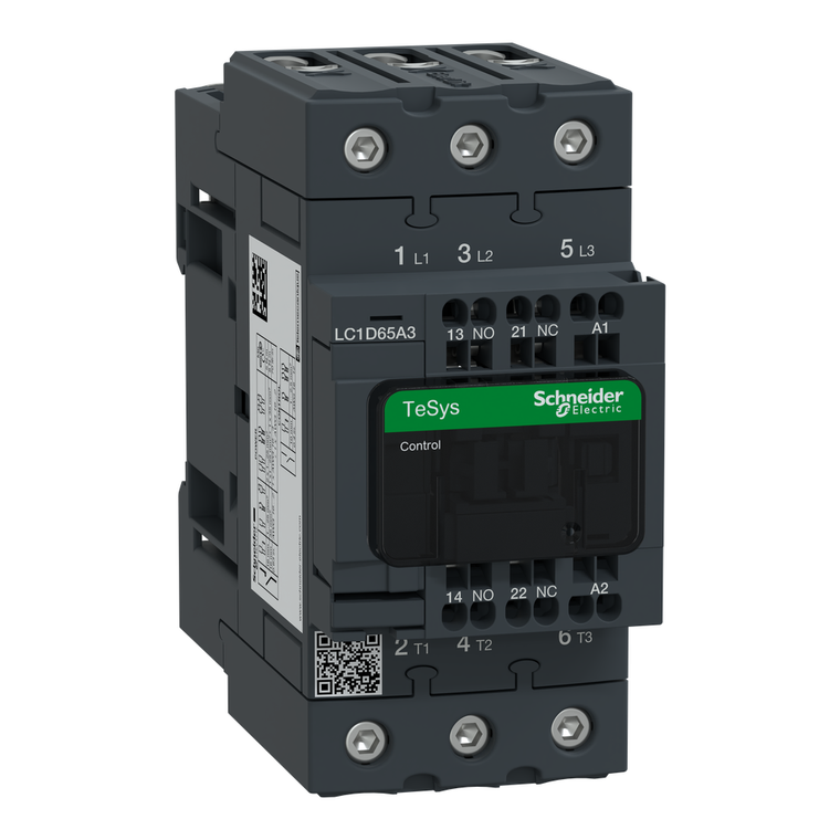 Schneider Electric LC1D65A3P7 IEC contactor, TeSys Deca, nonreversing, 65A, 40HP at 480VAC, 3 phase, 3 pole, 3 NO, 230VAC 50/60Hz coil, open style