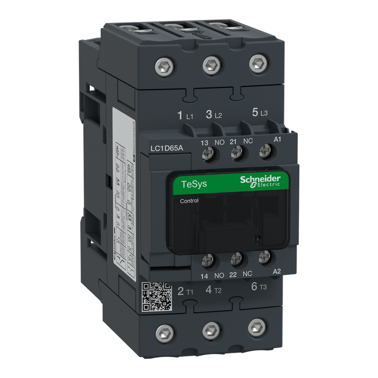 Schneider Electric LC1D65AFC7 IEC contactor, TeSys Deca, nonreversing, 65A, 40HP at 480VAC, up to 100kA SCCR, 3 phase, 3 NO, 127VAC 50/60Hz coil, open