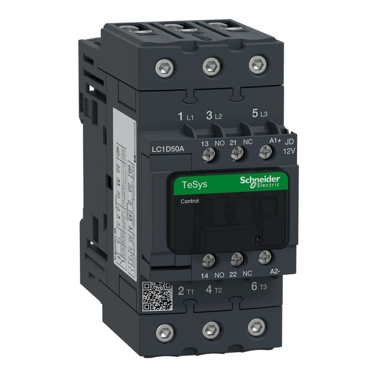 Schneider Electric LC1D50AJD IEC contactor, TeSys Deca, nonreversing, 50A, 40HP at 480VAC, up to 100kA SCCR, 3 phase, 3 NO, 12VDC coil, open style