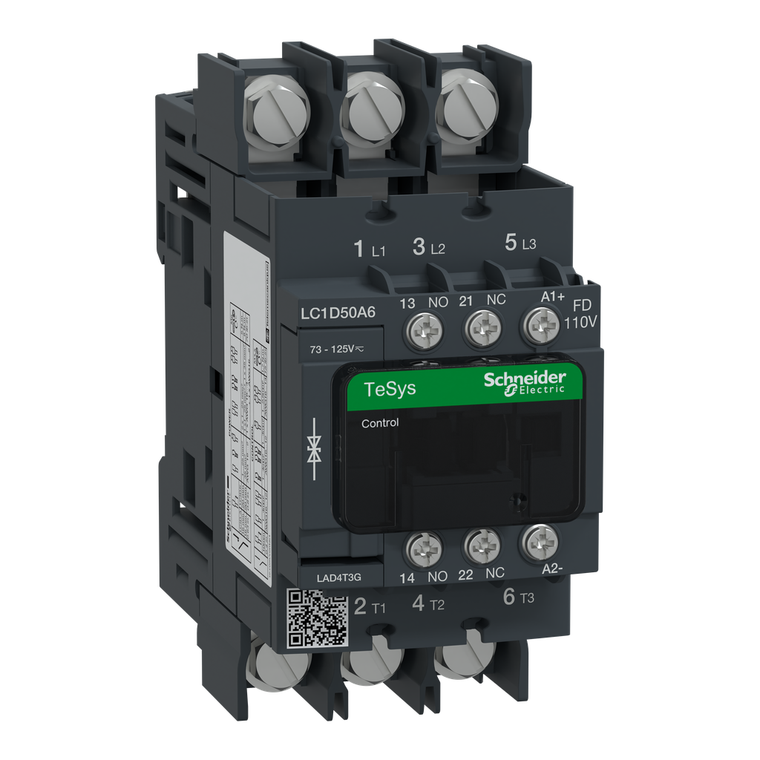 Schneider Electric LC1D50A6FD IEC contactor, TeSys Deca, nonreversing, 50A, 40HP at 480VAC, 3 phase, 3 pole, 3 NO, 110VDC coil, open style