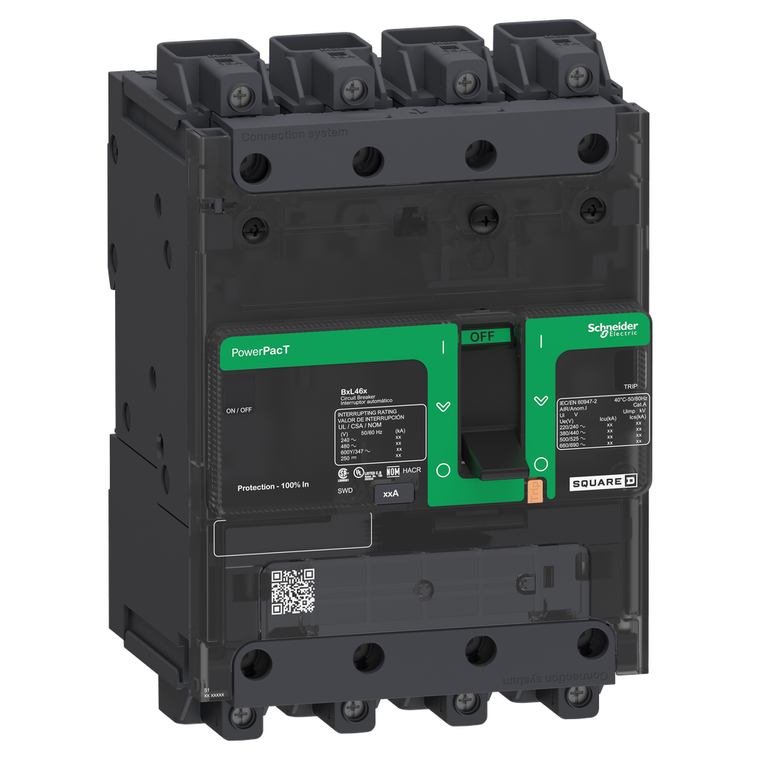 Schneider Electric BGL46045LU Circuit breaker, PowerPacT B, 45A, 4 pole, 600Y/347VAC, 18kA, lugs, thermal magnetic, 80%, control wire ON end