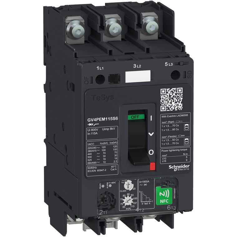 Schneider Electric GV4PEM03N6 Motor circuit breaker, TeSys GV4, 3P, 3.5A, Icu 50kA, thermal magnetic multifunction, lugs terminals