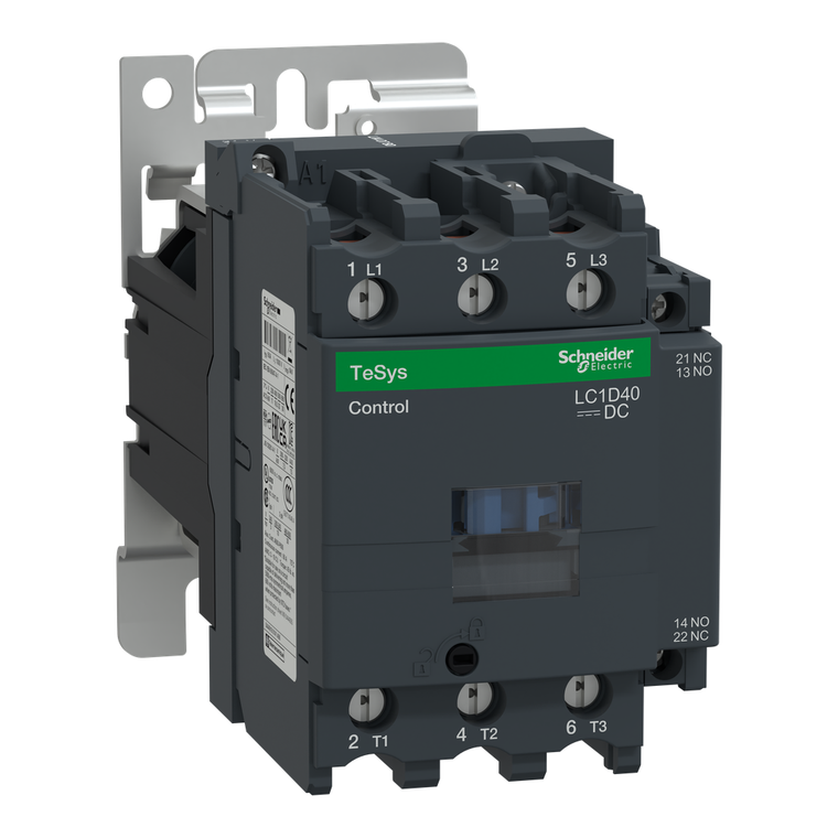 Schneider Electric LC1D40BD IEC contactor, TeSys D, nonreversing, 40A, 30HP at 480VAC, up to 100kA SCCR, 3 phase, 3 NO, 24VDC coil, open style