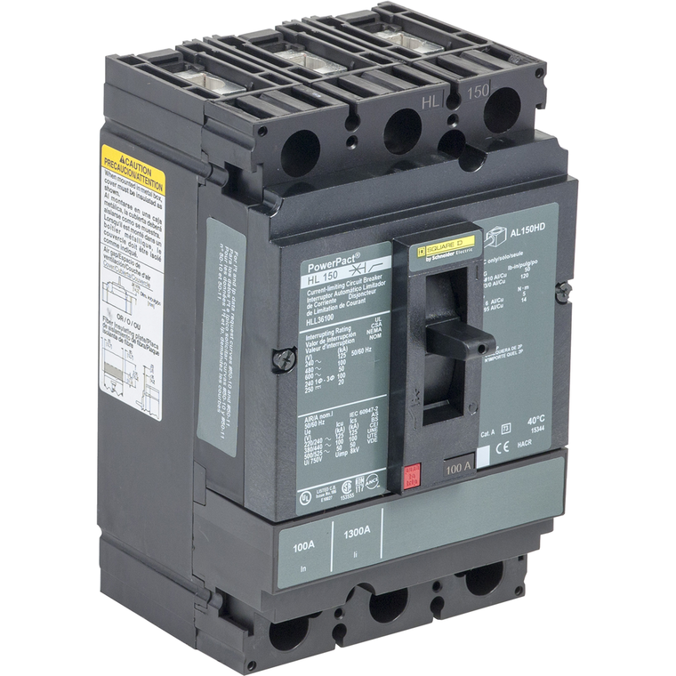 Schneider Electric HLL36080LV Circuit breaker, PowerPacT H, 80A, 3 pole, 600VAC, 50kA, lugs, thermal magnetic, 80%, control wire OFF end