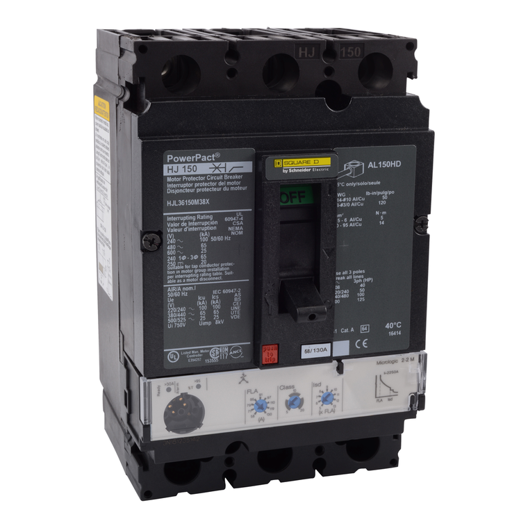 Schneider Electric HJL36150M38X Motor circuit protector, PowerPacT H, 150A, 3 pole, 600VAC, 25kA, lugs, Micrologic 2.2M, 80%