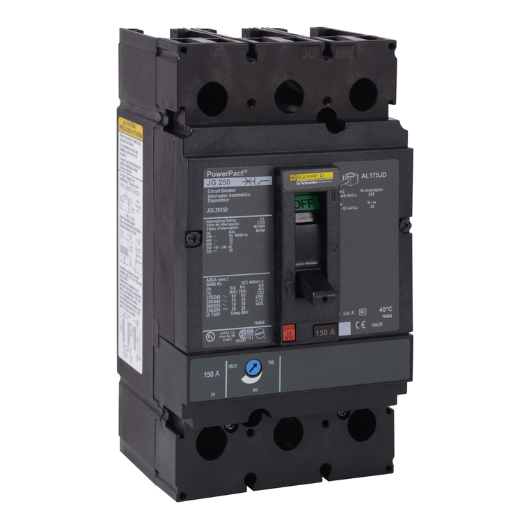 Schneider Electric JGL26175 Circuit breaker, PowerPacT J, 175A, 2 pole, 600VAC, 18kA, lugs, thermal magnetic, 80%