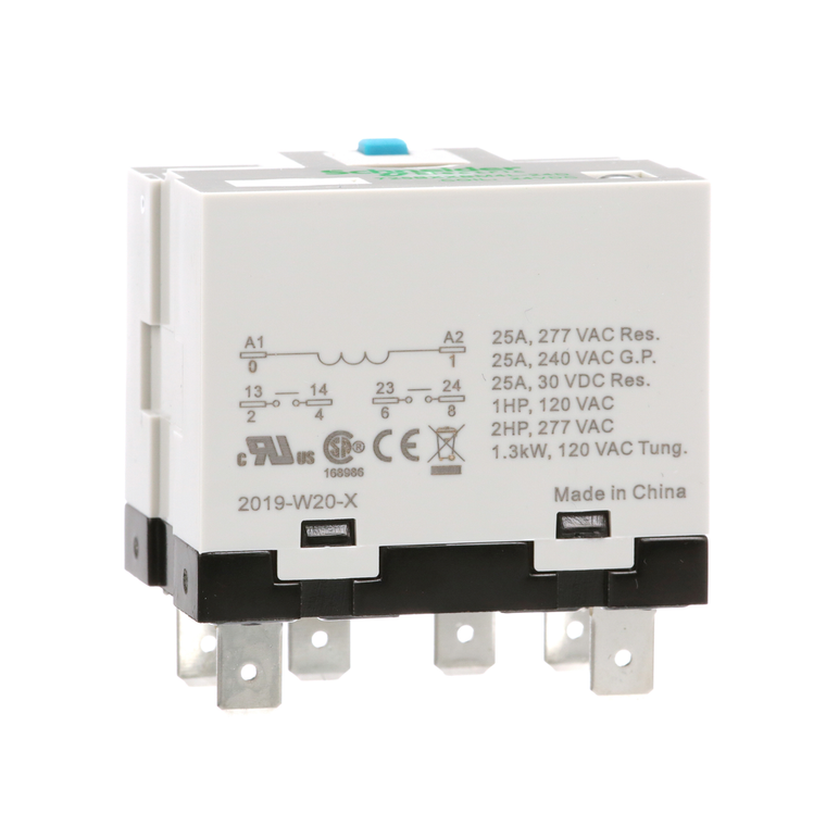 Schneider Electric 725BXXBM4L-24D Power relay, SE Relays, 25A, 2NO, 24VDC, LED, flag indicator, locking push button, blade terminal, plug-in socket mount
