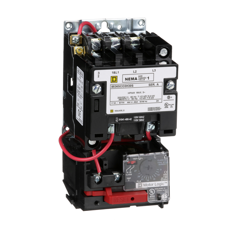 Schneider Electric 8536SCO3V06H30 NEMA motor starter, Type S, nonreversing, Size 1, 27A, 10HP at 460VAC, up to 100kA SCCR, 3 phase, 3 pole, Motor Logic, 480VAC coil, open