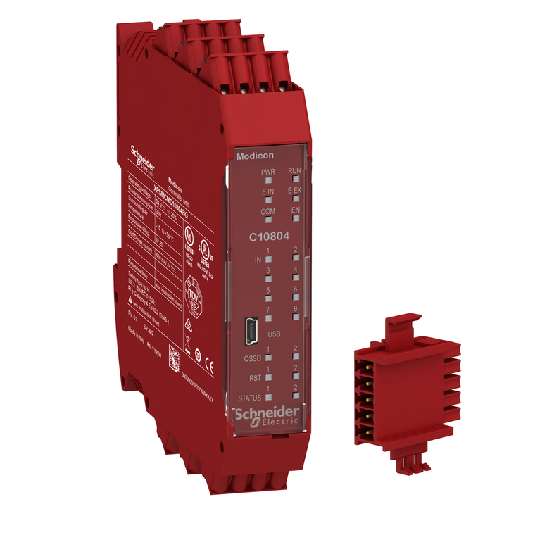 Schneider Electric XPSMCMC10804BG safety controller, Modicon MCM, 8 inputs 4 outputs, combined with backplane expansion connector, spring
