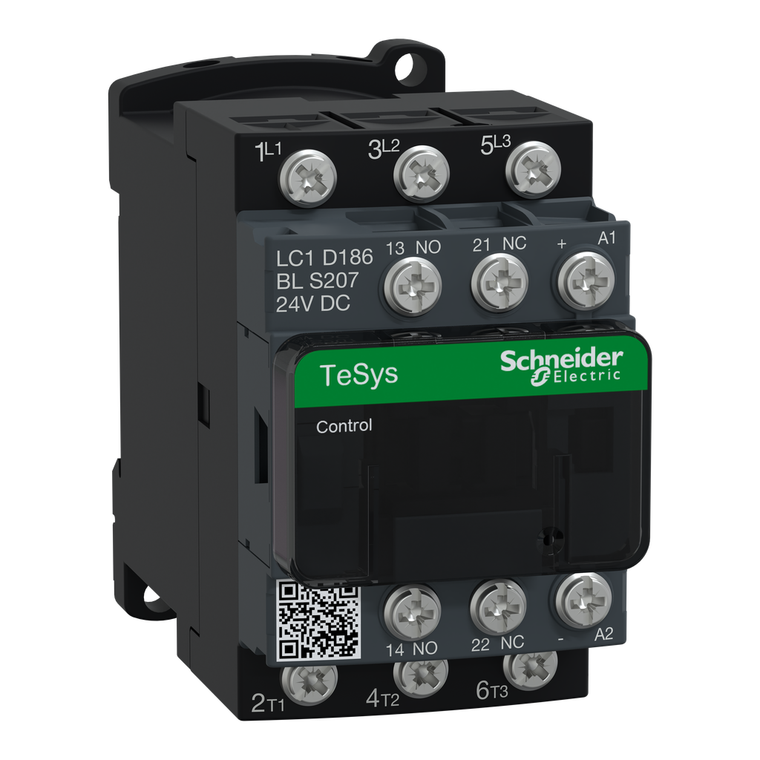 Schneider Electric LC1D186BLS207 IEC contactor, TeSys D, nonreversing, 18A, 10HP at 480VAC, 3 phase, 3 pole, 3 NO, low consumption 24VDC coil, open style