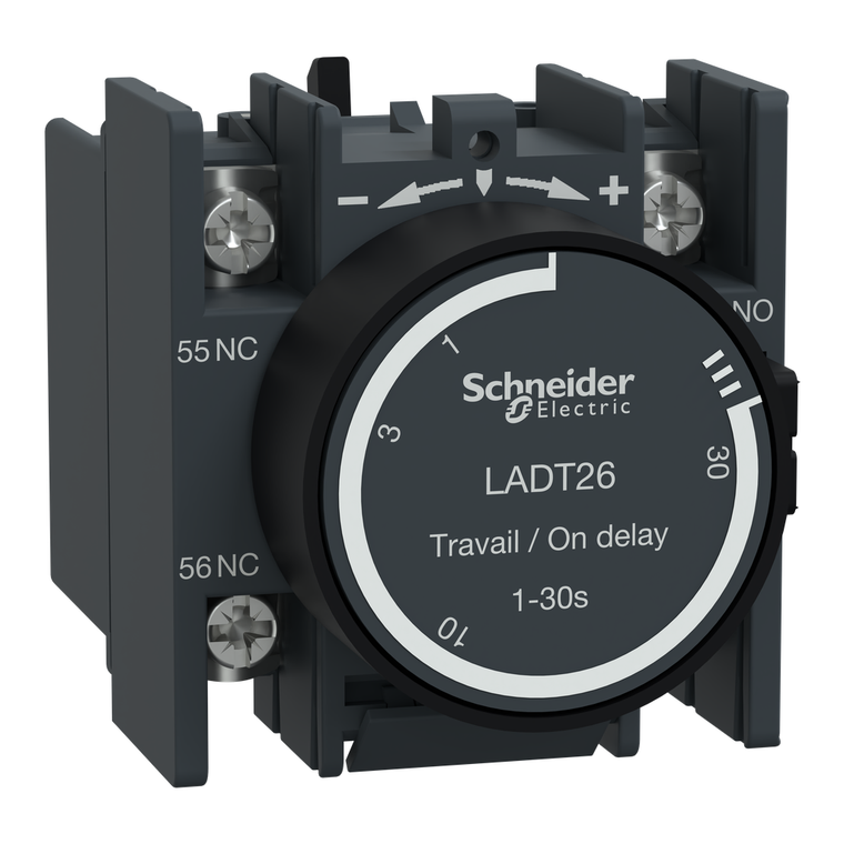Schneider Electric LADT26 Time delay auxiliary contact block, TeSys Deca, 1NO + 1NC, on delay 1-30s, front, lugs-ring terminals