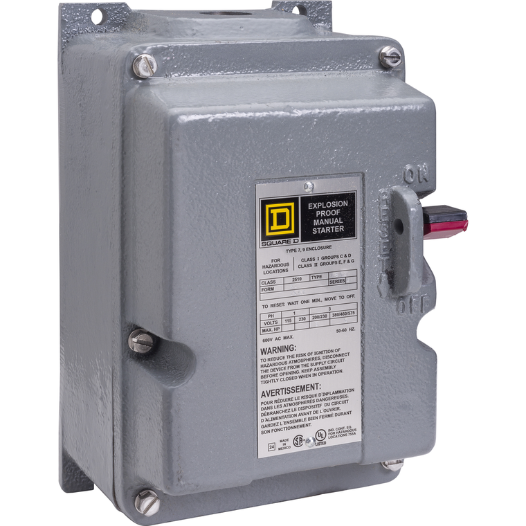 Schneider Electric 2510MBR2 Manual starter, integral horsepower, NEMA M0, 600VAC, 3 pole, 5HP at 380/575VAC, 3 phase, no indicator, NEMA 7/9