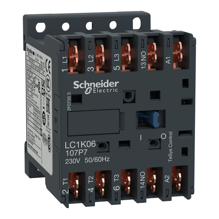 Schneider Electric LC1K09107F7 Contactor, TeSys K, 3P, AC-3, lt or eq to 440V 9A, 1 NO aux., 110VAC coil