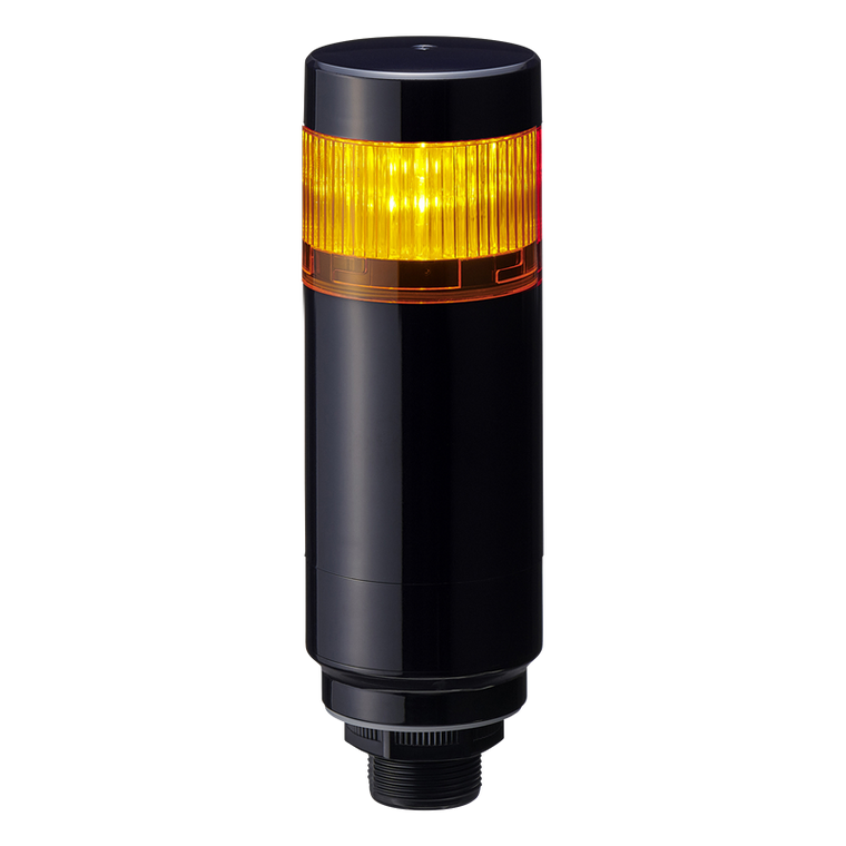 Patlite LR6-102W4NK-Y 1-tier 60mm diameter, 24V DC Signal Tower with multi-mount 1/2" NPT socket and M30 external threads; 4-pin M12 connector, Black body, IP65, Amber LED (supports up to 3 LED)