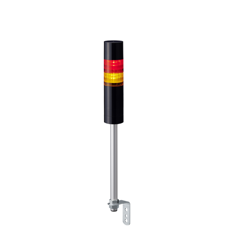 Patlite LR6-202L5BK-RY 2-tier 60mm diameter, 24V DC Pole-mount Signal Tower with L-bracket; 5-pin M12 connector, Black body, IP54, buzzer and Red, Amber LED (supports up to 3 LED and buzzer)