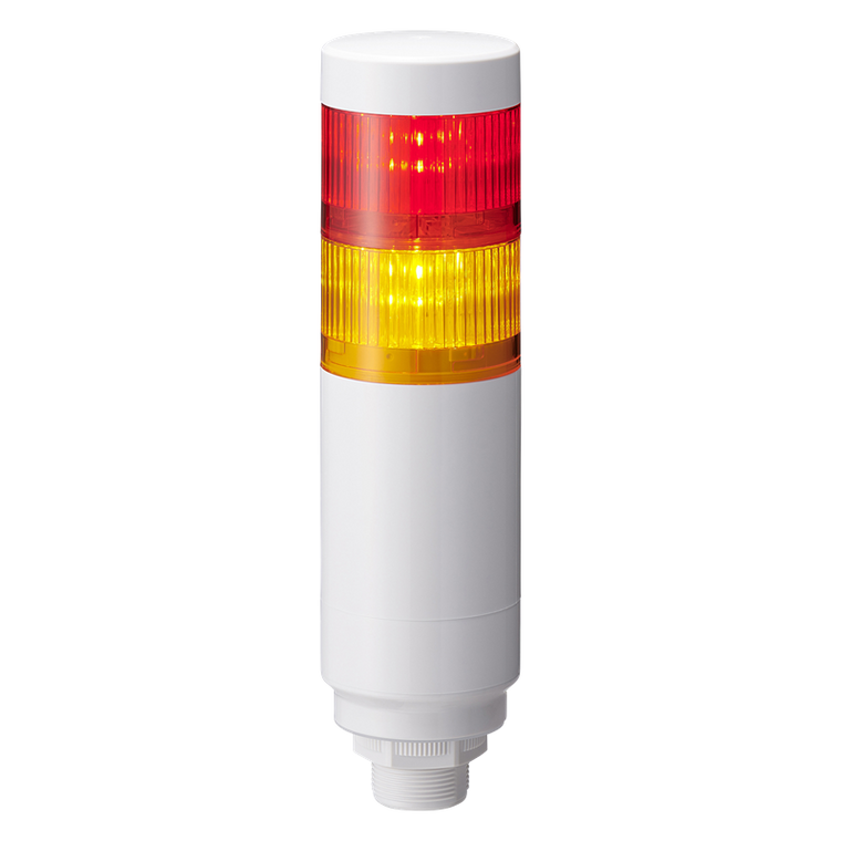 Patlite LR6-202W4NW-RY 2-tier 60mm diameter, 24V DC Signal Tower with multi-mount 1/2" NPT socket and M30 external threads; 4-pin M12 connector, Off-white body, IP65, Red, Amber LED (supports up to 3 LED)