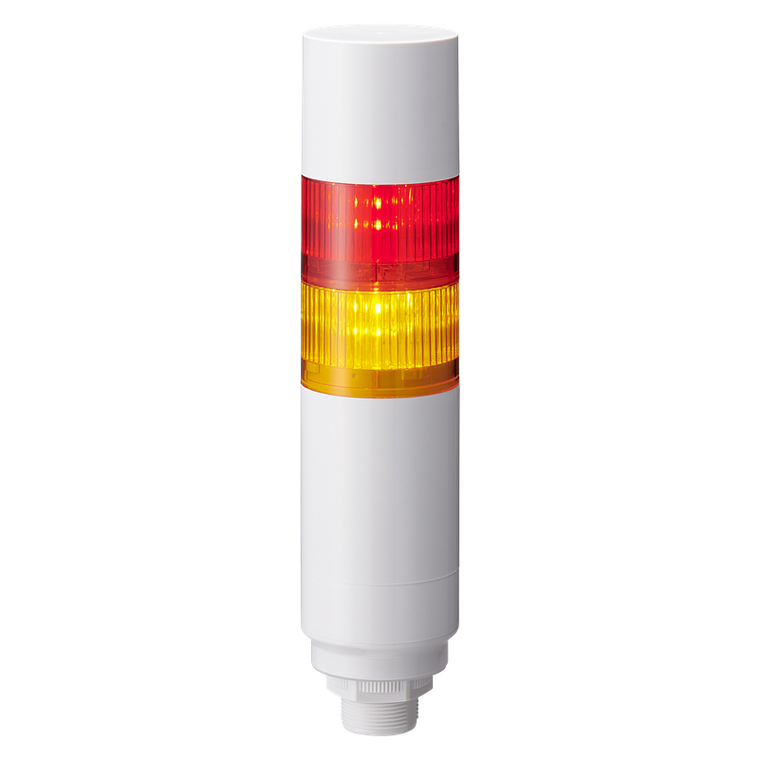 Patlite LR6-202W5BW-RY 2-tier 60mm diameter, 24V DC Signal Tower with multi-mount 1/2" NPT socket and M30 external threads; 5-pin M12 connector, Off-white body, IP65, buzzer and Red, Amber LED (supports up to 3 LED and buzzer)