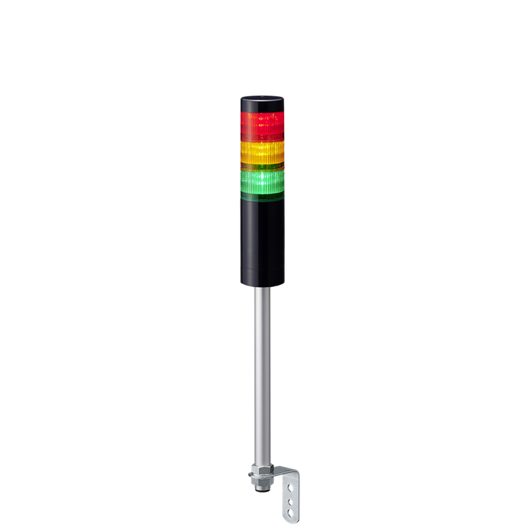 Patlite LR6-302L4NK-RYG 3-tier 60mm diameter, 24V DC Pole-mount Signal Tower with L-bracket; 4-pin M12 connector, Black body, IP54, Red, Amber, Green LED (supports up to 3 LED)