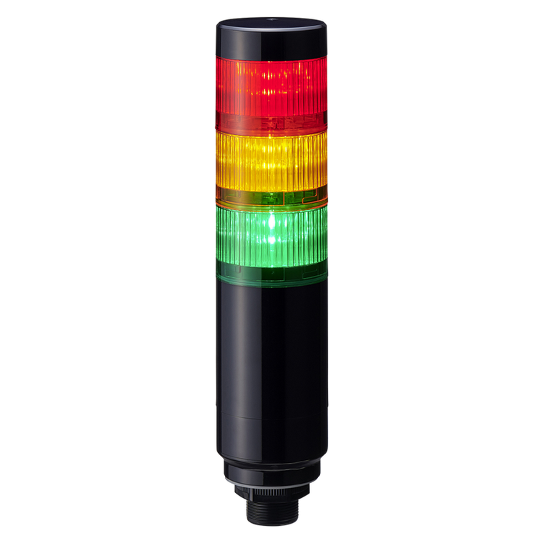 Patlite LR6-302W8NK-RYG 3-tier 60mm diameter, 24V DC Signal Tower with multi-mount 1/2" NPT socket and M30 external threads; 8-pin M12 connector, Black body, IP65, Red, Amber, Green LED (supports up to 5 LED and buzzer)