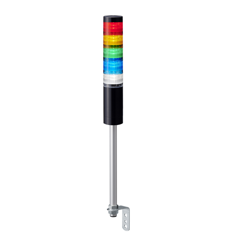 Patlite LR6-502L8NK-RYGBC 5-tier 60mm diameter, 24V DC Pole-mount Signal Tower with L-bracket; 8-pin M12 connector, Black body, IP54, Red, Amber, Green, Blue, White LED (supports up to 5 LED and buzzer)