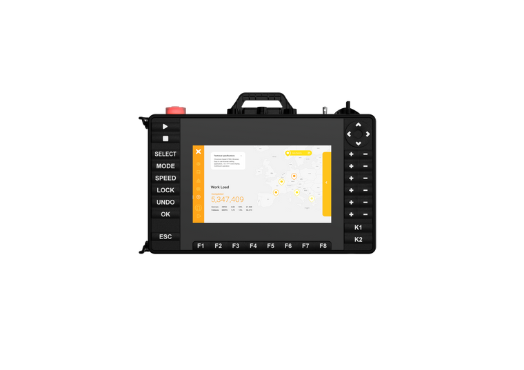 EXOR X10 Smart Wired PoE Mobile HMI Handheld, 10" PCAP Multitouch, Power over Ethernet, Emergency Stop, 35-Button Keypad (X10-SMART-WIRED-POE)