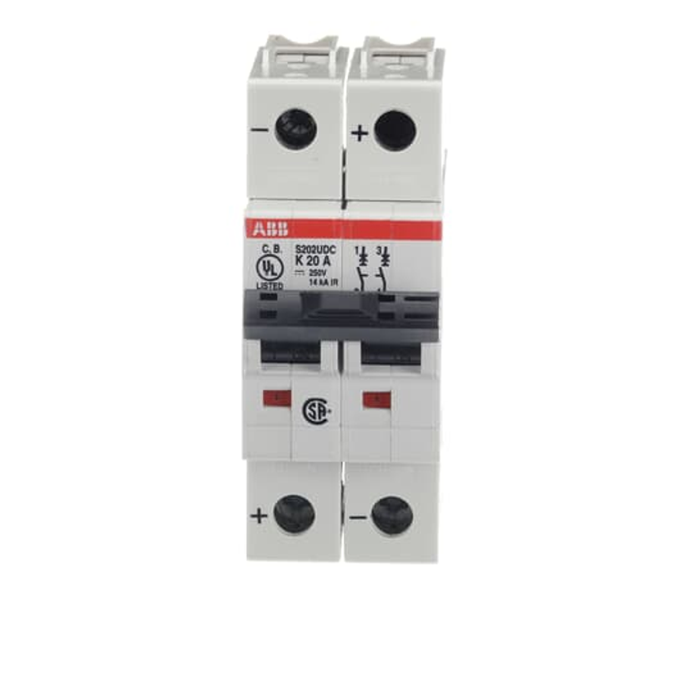 ABB S202UDC-K20 Miniature Circuit Breaker, 2-Pole, K Characteristic, 20A, 60 VDC - UL489 Compliant for DC Applications