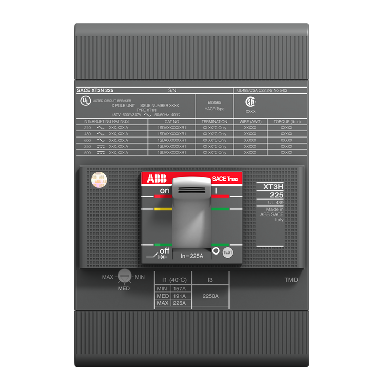 ABB XT3NQ3200AFF000XXX 225 Amp Circuit Breaker, 3-Pole, Adjustable Thermal-Magnetic Protection, UL/CSA Compliant for Industrial Applications