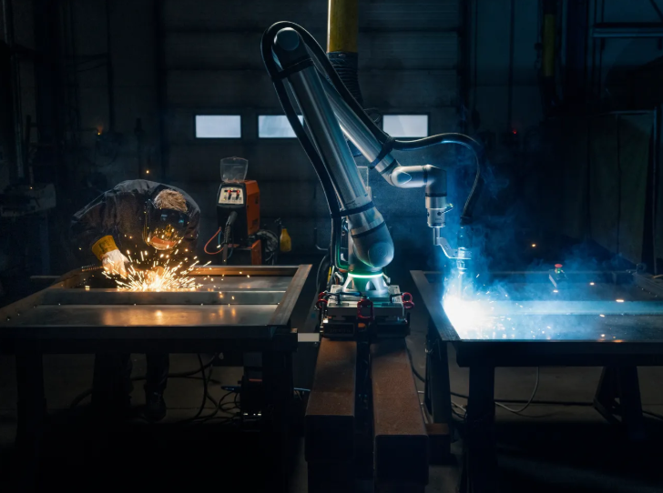 Universal Robots UR8 Long cobot performing collaborative arc welding alongside a human welder in a fabricated metals shop &mdash; live weld arc visible