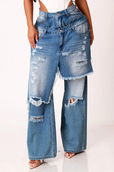 Distressed Double Layer Wide Leg Jeans