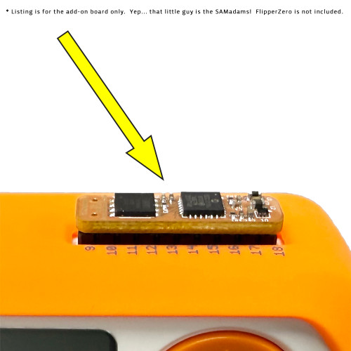 SAMadams secure element FlipperZero add-on board, seen installed on a Flipper with an orange silicone case.  This listing is for the add-on board only.  The FlipperZero tool itself is sold separately.