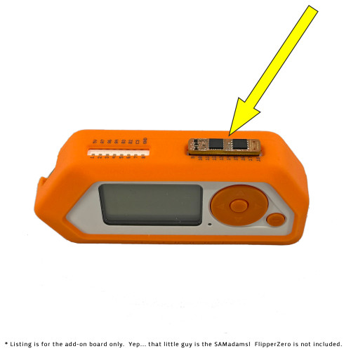 SAMadams secure element FlipperZero add-on board, seen installed on a Flipper with an orange silicone case.  This listing is for the add-on board only.  The FlipperZero tool itself is sold separately.