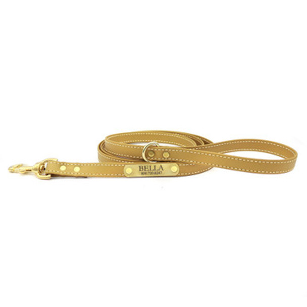 Waterproof Faux Leather Dog Leash with Nameplate Gold dogIDs