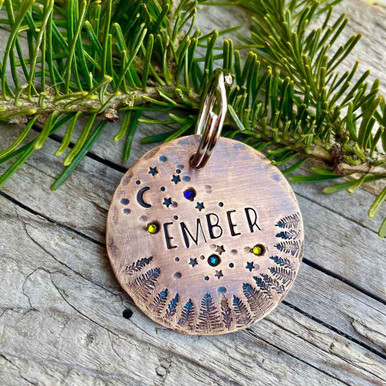Crystal Northern Lights Pet Tag in Weathered Bronze Ember Pine Branch