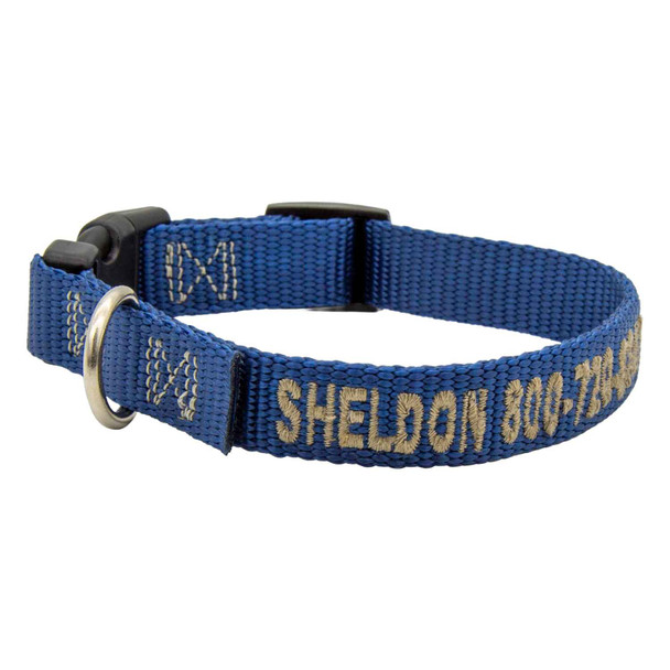 Embroidered Nylon Dog Collar Blue with Beige Embroidery